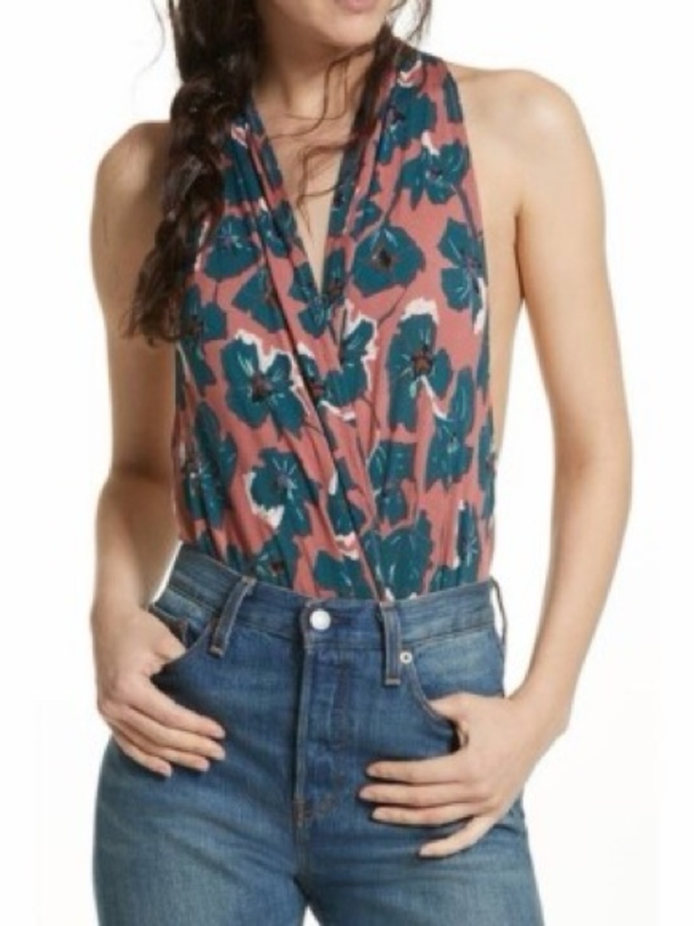 Free People Floral Wrap Halter Bodysuit in Dusty Rose and Teal